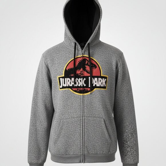 Jurassic Park Drawstring Hoodie Heather Gray ZipUp Graphic Logo Sweater Men's XL - Picture 1 of 5